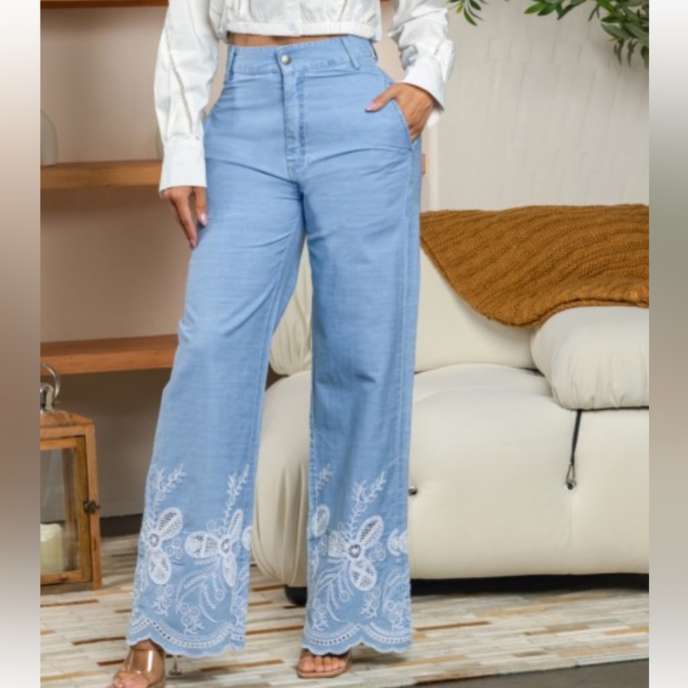 Women's Balboa Light Blue Flare Jeans with Embroidered Hem